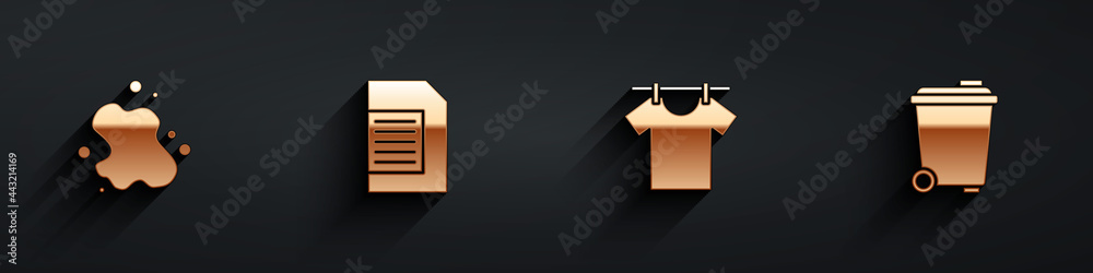 Set Water spill, Laundry detergent, Drying clothes and Trash can icon with long shadow. Vector