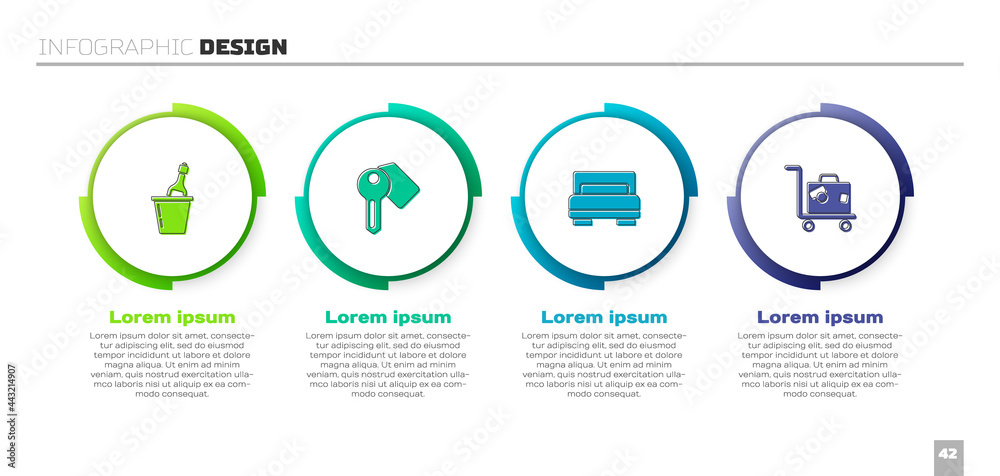 Set Champagne in an ice bucket, Hotel door lock key, room bed and Suitcase. Business infographic tem