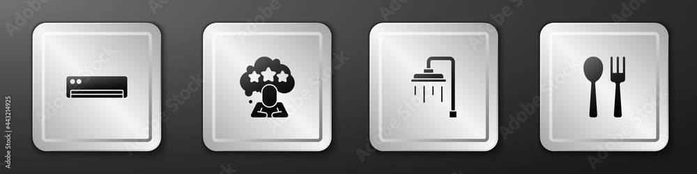 Set Air conditioner, Five stars rating review, Shower and Fork and spoon icon. Silver square button.