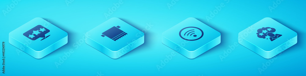 Set Isometric Five stars rating review, Towel on hanger, and Wi-Fi wireless icon. Vector