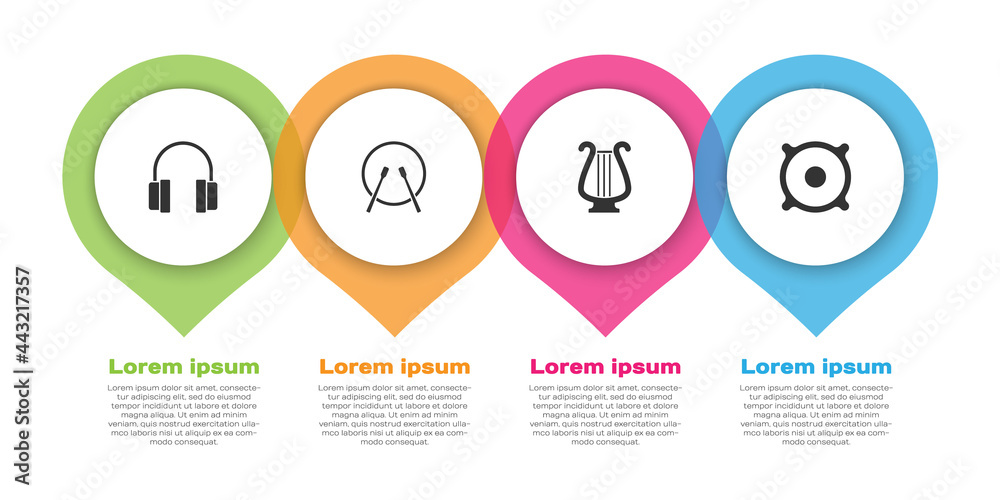 设置耳机、鼓和鼓槌、古代七弦琴和立体声扬声器。商业信息图模板