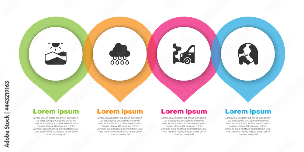 设定干旱、云与雨、汽车尾气和全球变暖。商业信息图模板。矢量