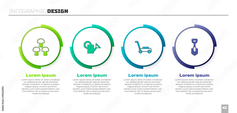 设置蘑菇、浇水罐、割草机和电铲。业务信息图模板。矢量