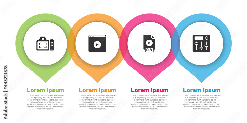 Set Photo camera, Online play video, FLV file document and Sound mixer controller. Business infograp