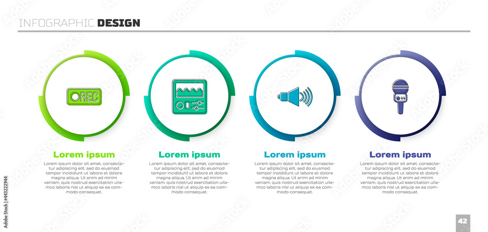 Set Record button, Drum machine, Speaker volume and Microphone. Business infographic template. Vecto