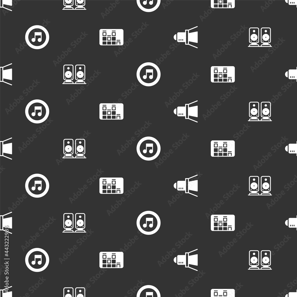 Set Movie spotlight, Stereo speaker, Music note, tone and equalizer on seamless pattern. Vector