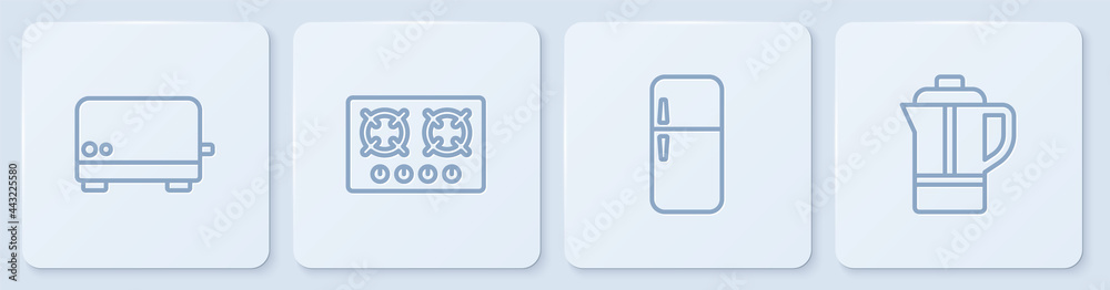 设置烤面包机、冰箱、煤气炉和茶壶。白色方形按钮。矢量
