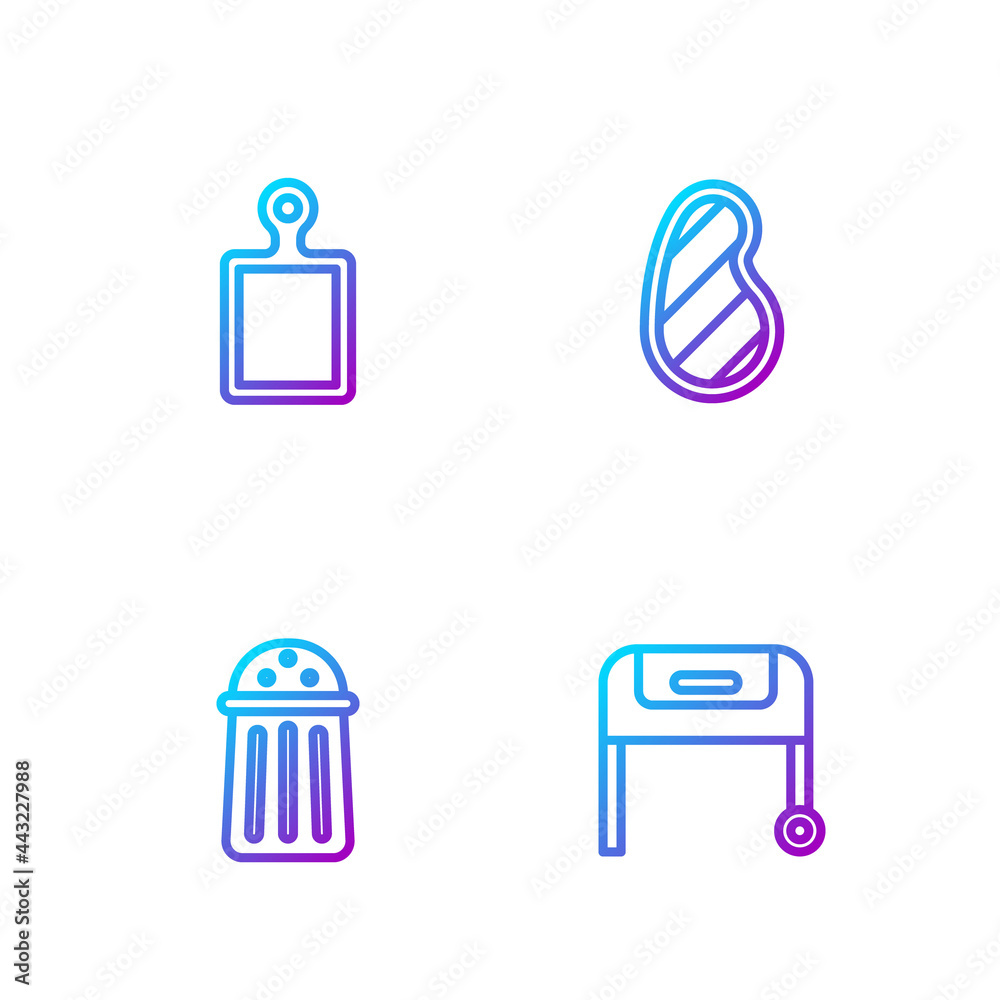 Set line Barbecue grill, Salt, Cutting board and Steak meat. Gradient color icons. Vector