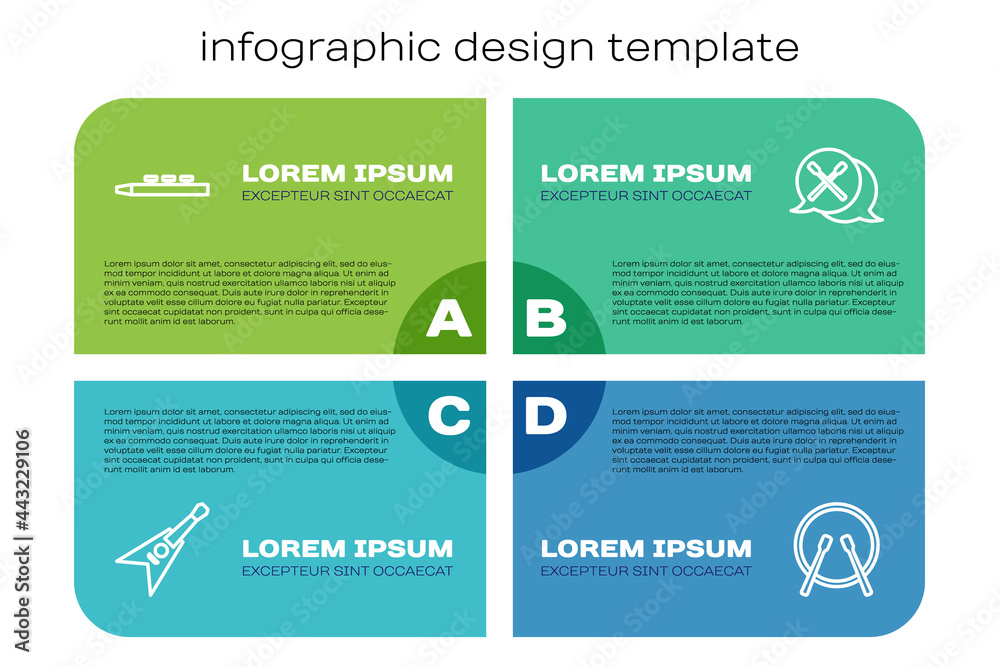设置线电低音吉他，鼓和鼓槌，以及。商业信息图模板。矢量