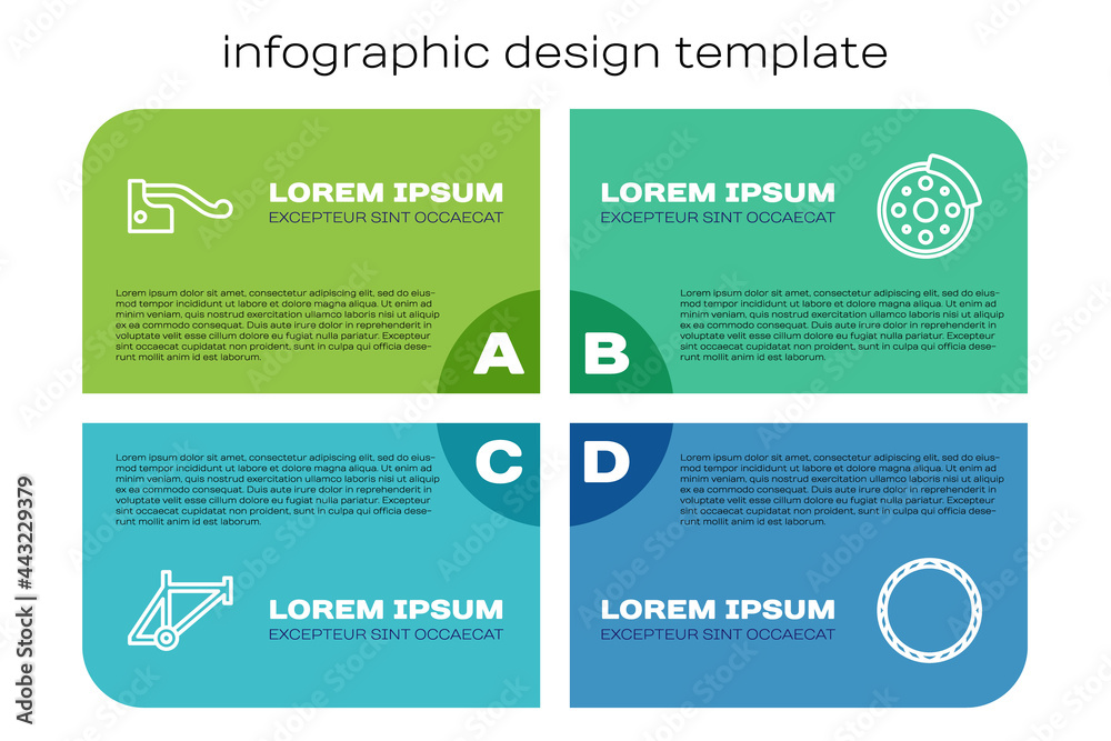 设置线自行车车架、制动器、车轮和制动盘。商业信息图模板。矢量