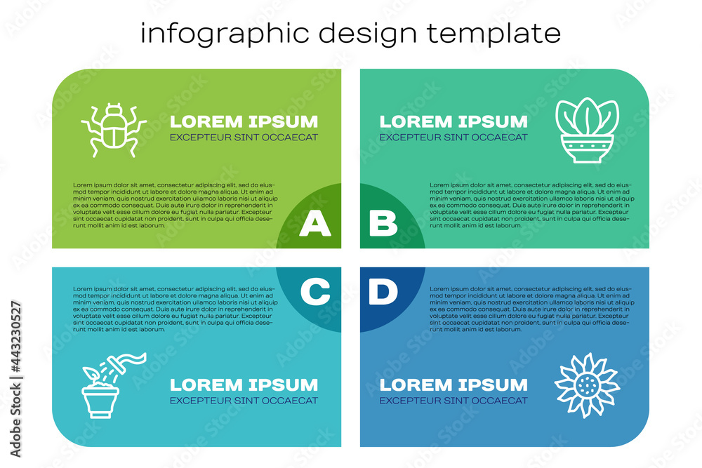 Set line Spraying plant，Beetle bug，Flower and plant pot.Business infographic template.Vvector（设线喷洒植物