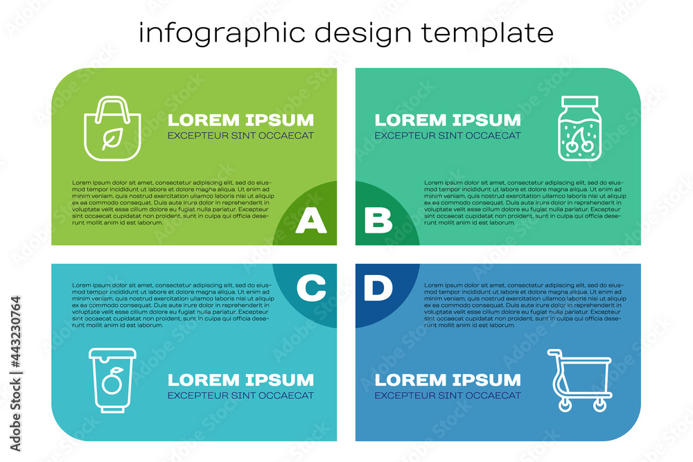 设线酸奶容器、带回收物的购物袋、购物车和果酱罐。商业信息图模板