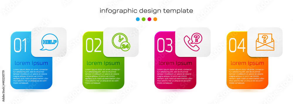 Set line Speech bubble with text Help, Clock 24 hours, Telephone support and Envelope question mark.