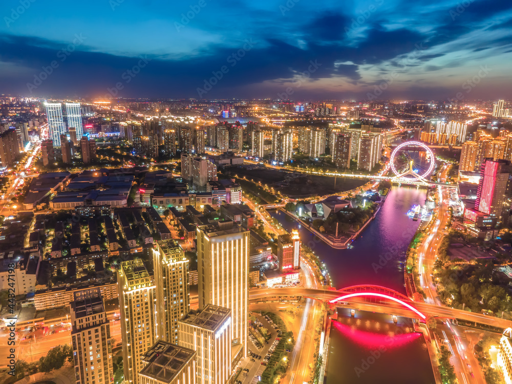 天津航拍。城市建筑景观夜景