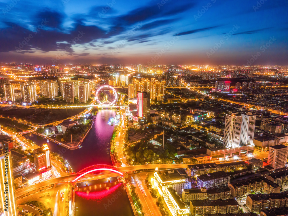 天津航拍。城市建筑景观夜景