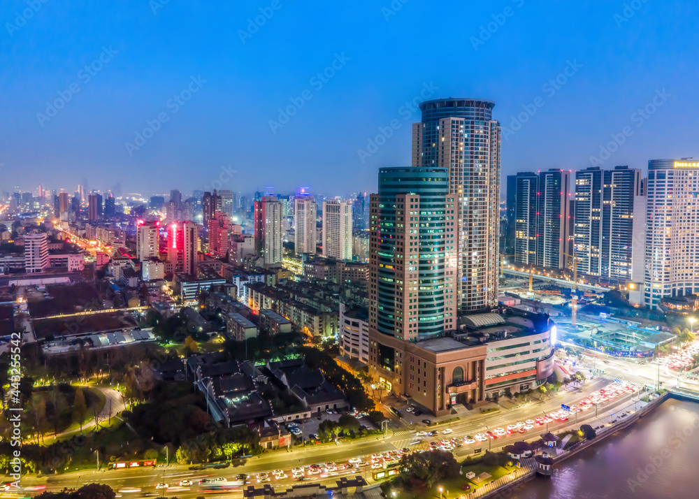 航拍宁波城市建筑景观夜景