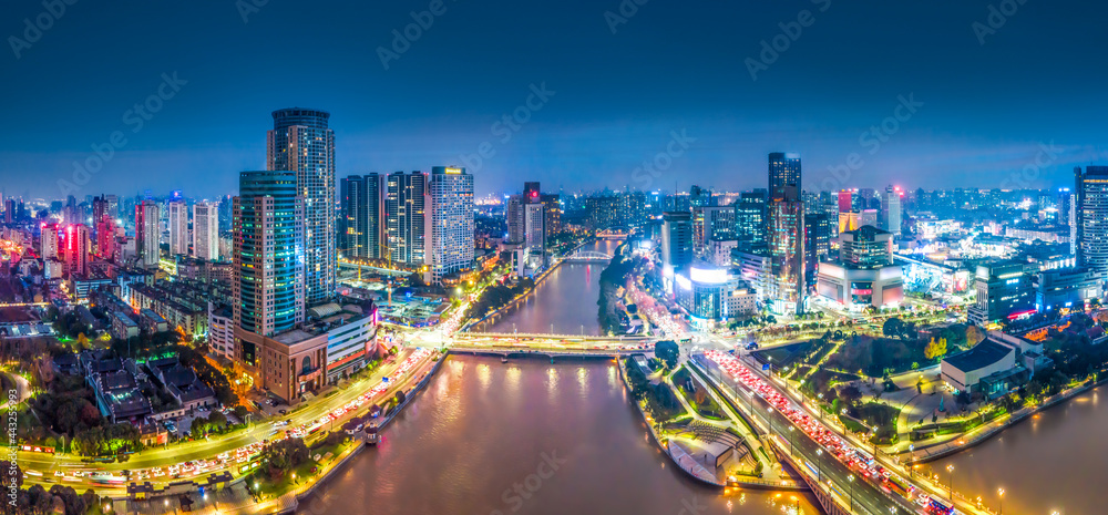 航拍宁波城市建筑景观夜景