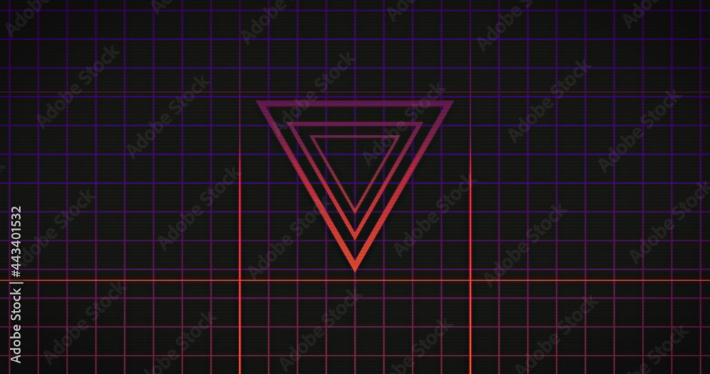 Image of pink neon flickering triangles over glowing pink to purple grid