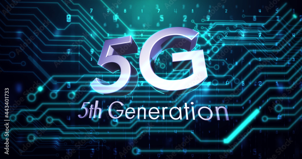 发光的计算机电路板元件上的5g第五代文本图像