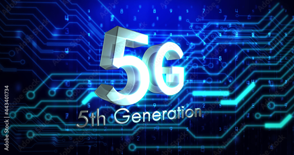 发光的计算机电路板元件上的5g第五代文本图像