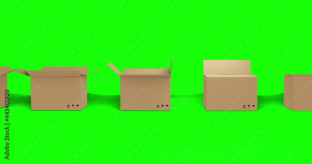 Seamless row of brown cardboard boxes with lids opening on green screen background