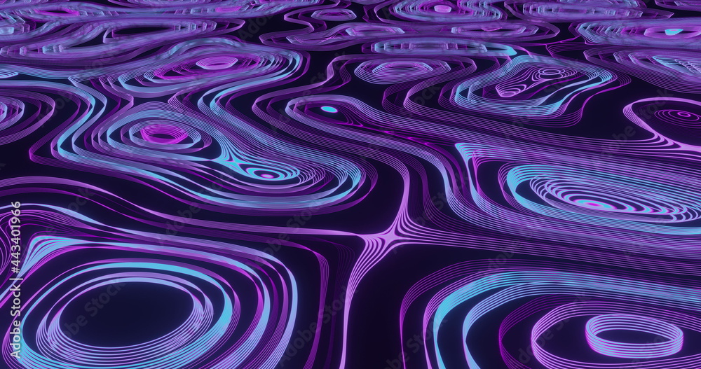 Image of blue and purple liquid lines moving on seamless lines on black background