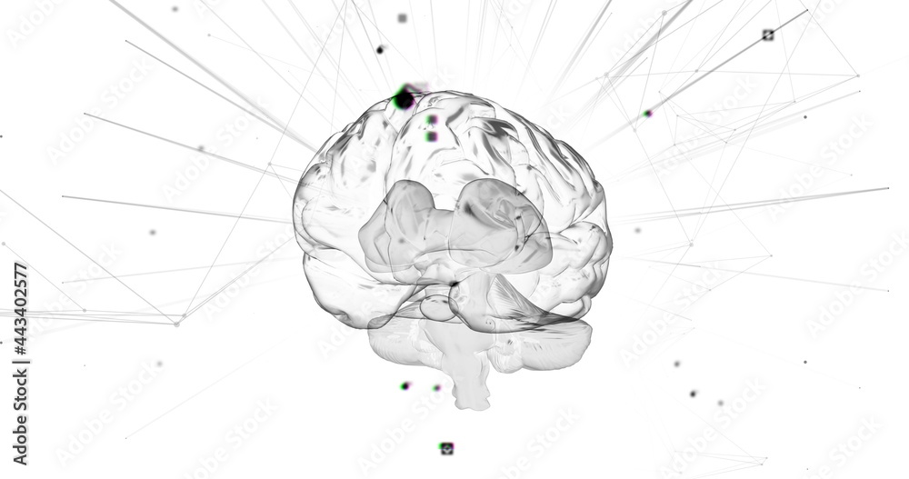 在白色背景上闪烁的光迹下旋转大脑
