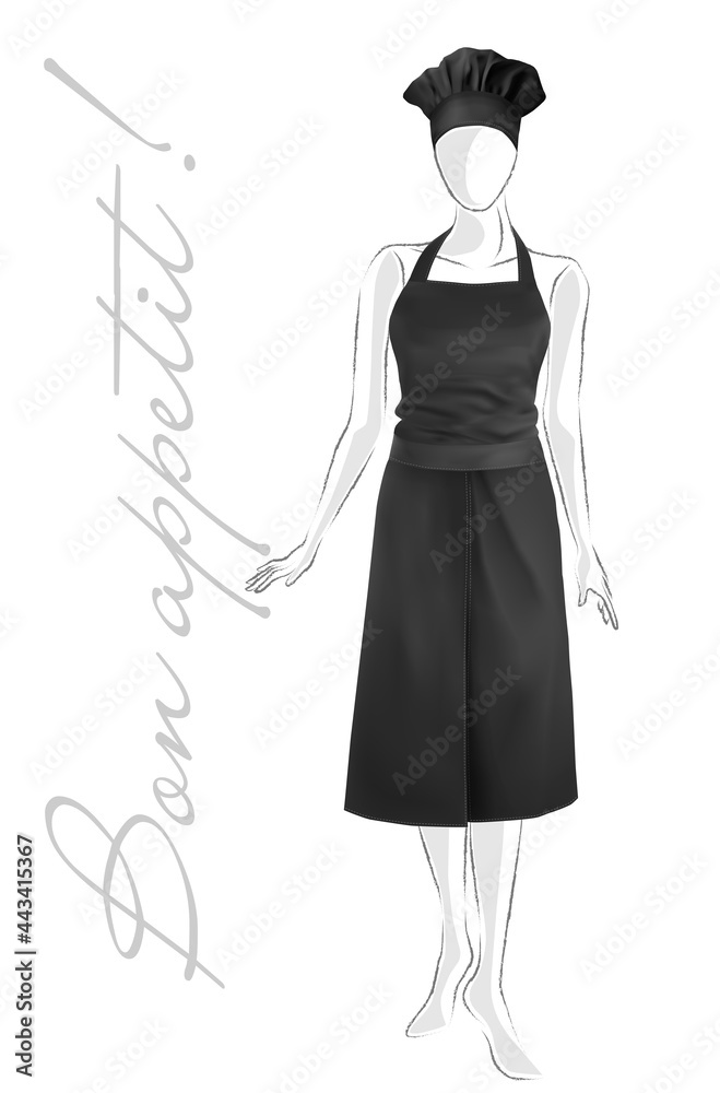 Long black womens apron on a mannequin. Mockup. Vector illustration.