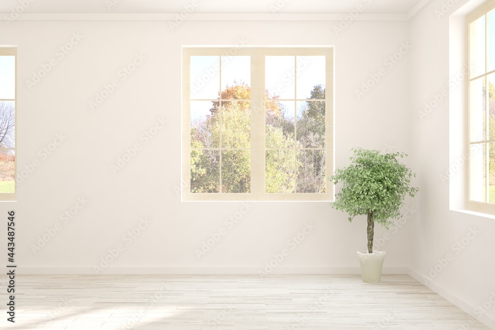 Stylish empty room in white color with autumn landscape in window. Scandinavian interior design. 3D 