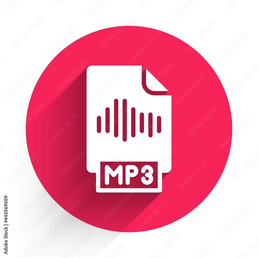 白色MP3文件文档。下载与长阴影隔离的MP3按钮图标。MP3音乐格式标志。