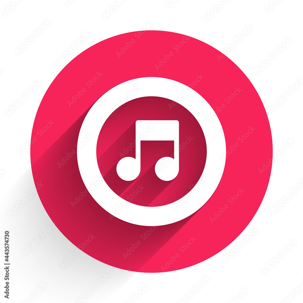 White Music note, tone icon isolated with long shadow. Red circle button. Vector