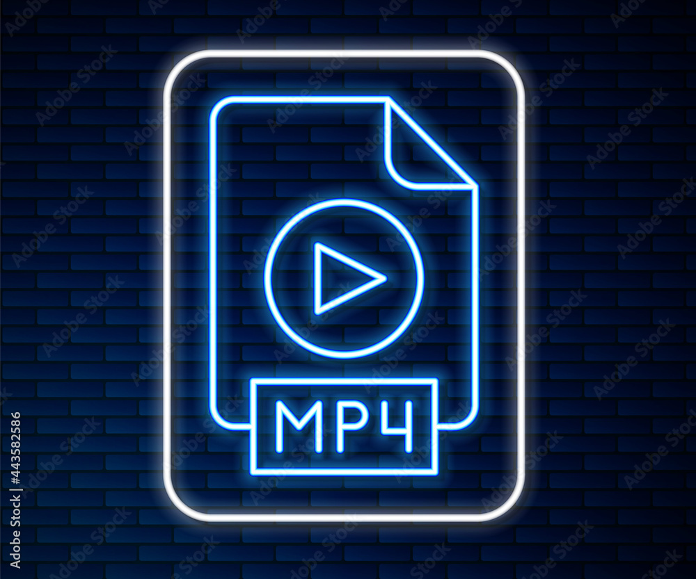 Glowing neon line MP4 file document. Download mp4 button icon isolated on brick wall background. MP4