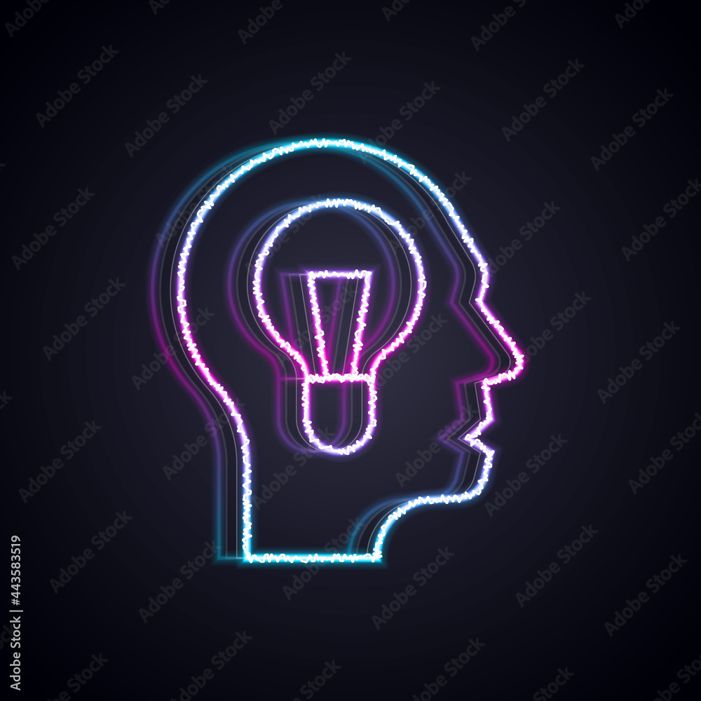 Glowing neon line Human with lamp bulb icon isolated on black background. Concept of idea. Vector