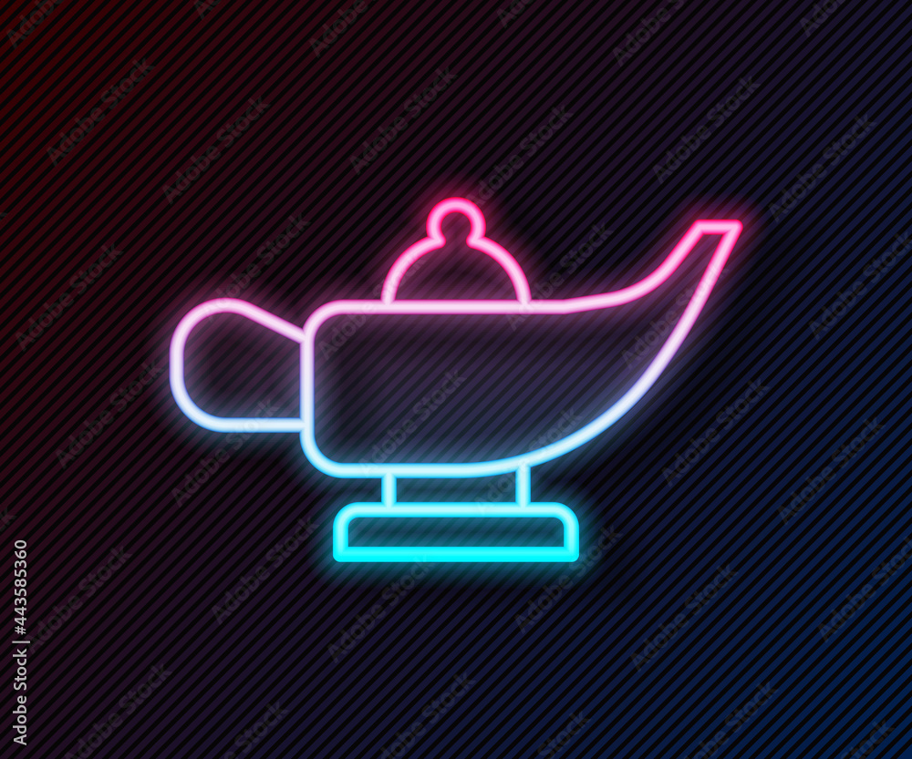 Glowing neon line Magic lamp or Aladdin lamp icon isolated on black background. Spiritual lamp for w