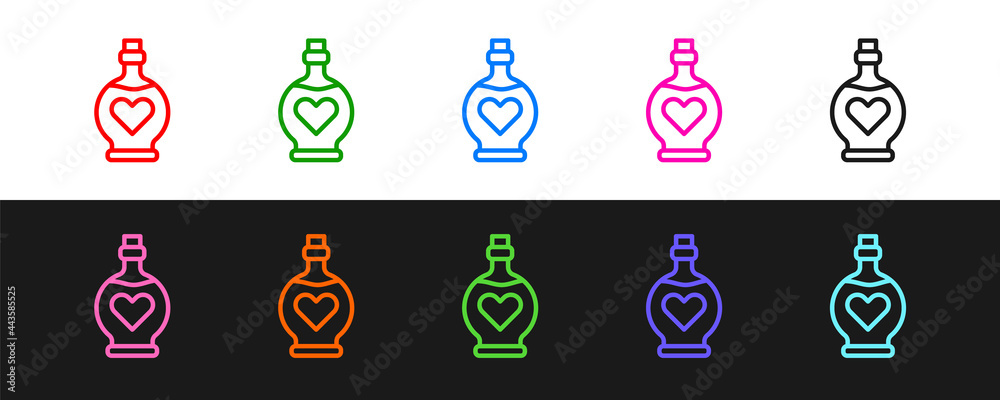 Set line Bottle with love potion icon isolated on black and white background. Valentines day symbol.