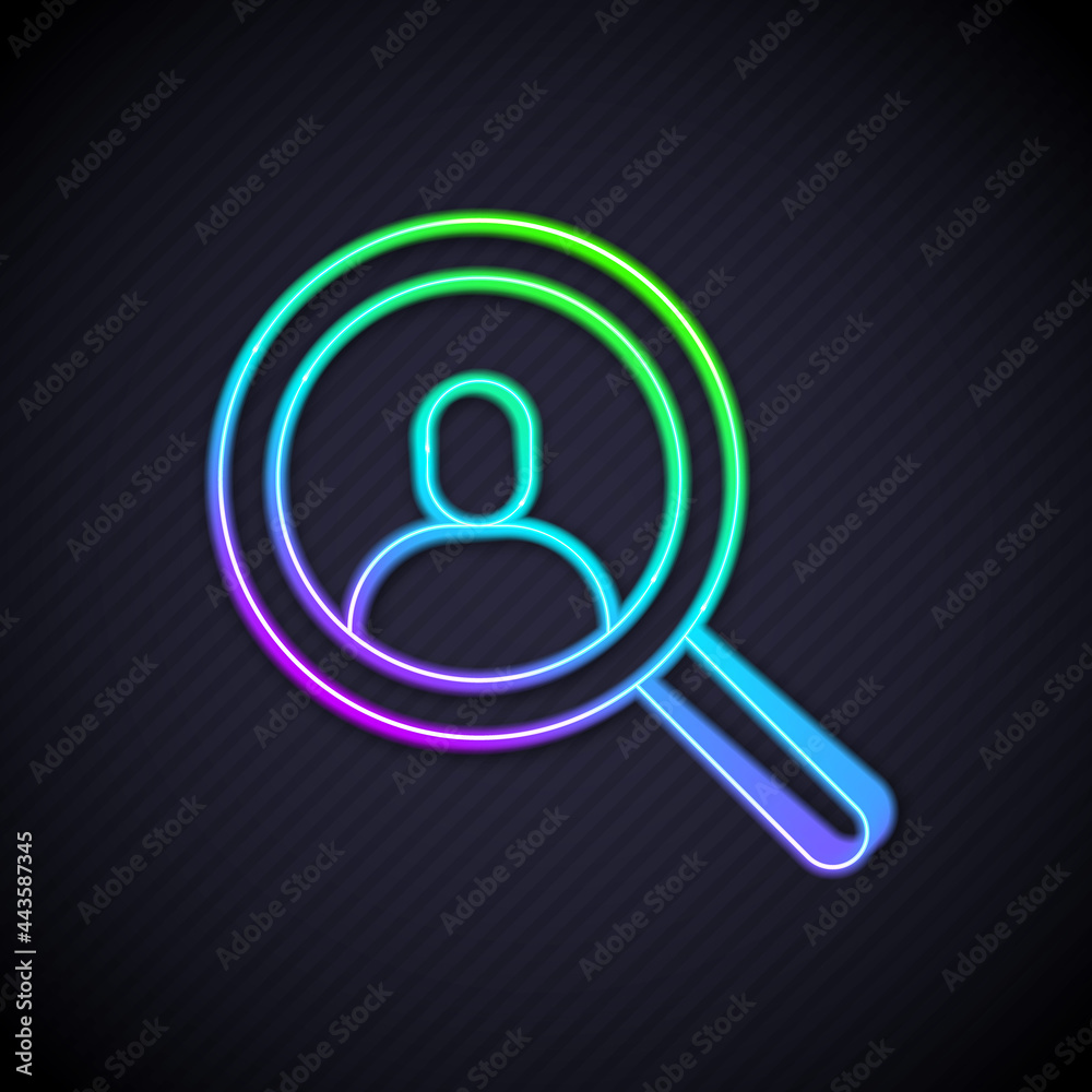 Glowing neon line Magnifying glass for search a people icon isolated on black background. Recruitmen