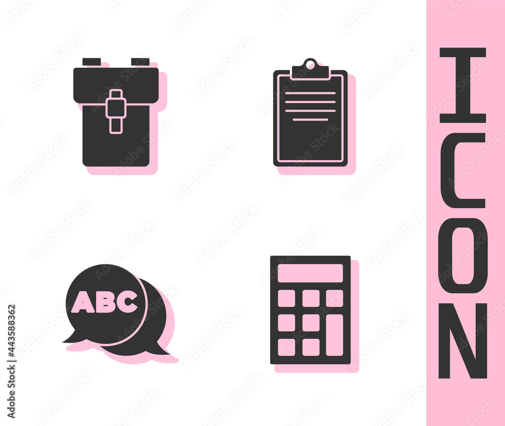 Set Calculator, School backpack, Alphabet and Clipboard with checklist icon. Vector