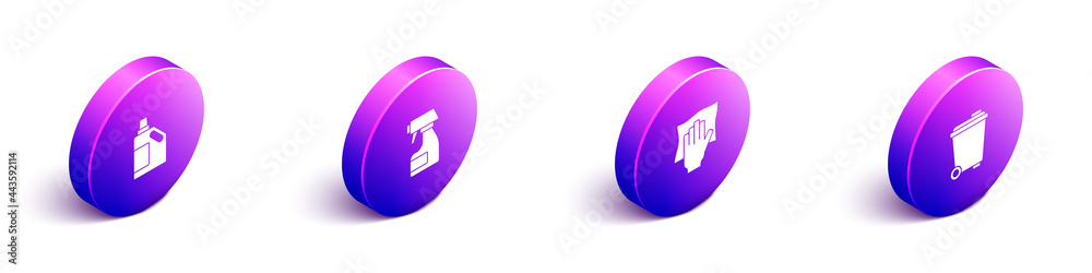 Set Isometric Bottle for cleaning agent, Cleaning spray bottle, service and Trash can icon. Vector