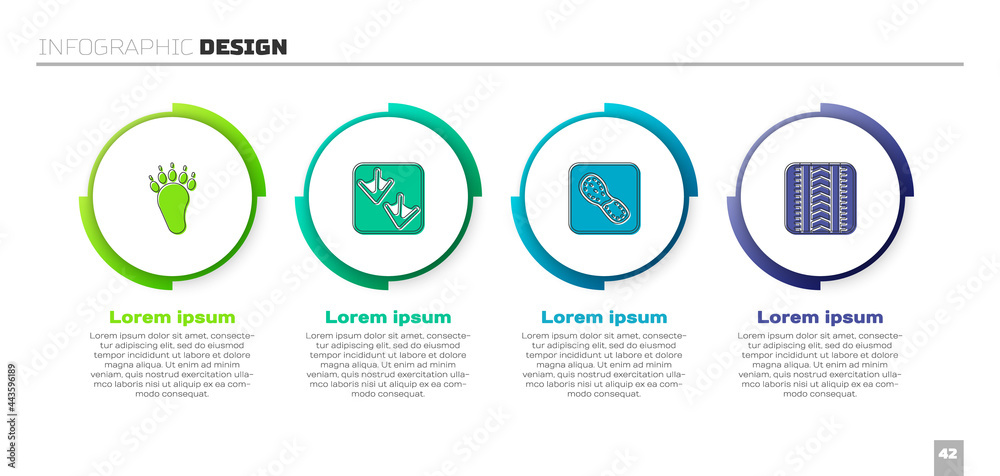 设置熊掌足迹，鹅，人类足迹鞋和轮胎轨迹。商业信息图模板。