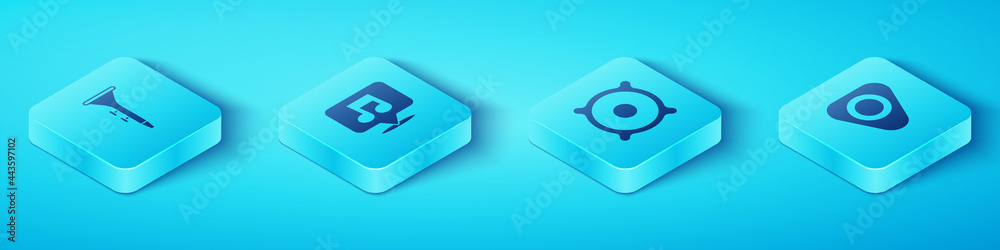 Set Isometric Drum and drum sticks, Music note, tone, Guitar pick and Stereo speaker icon. Vector