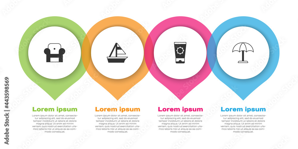 套装扶手椅、游艇帆船、筒管防晒霜和防护伞。商业信息图