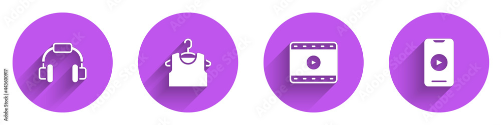 设置耳机、无袖T恤、播放视频和在线播放带有长阴影的视频图标。矢量
