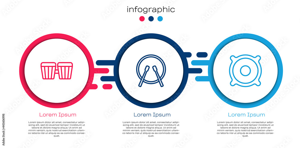设置线路鼓、鼓槌和立体声扬声器。商业信息图模板。矢量