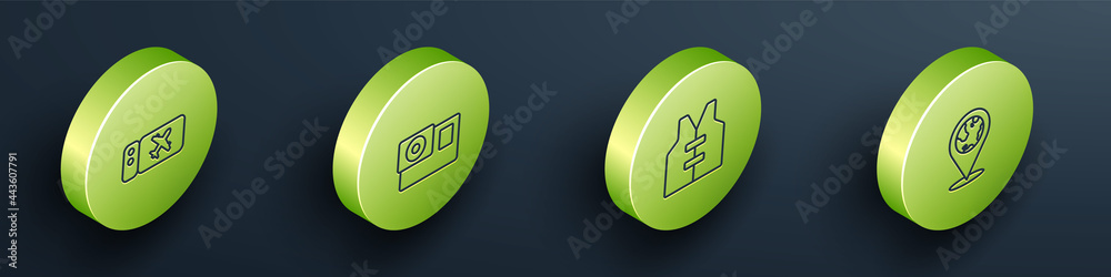 Set Isometric line Airline ticket, Action camera, Life jacket and Location the globe icon. Vector