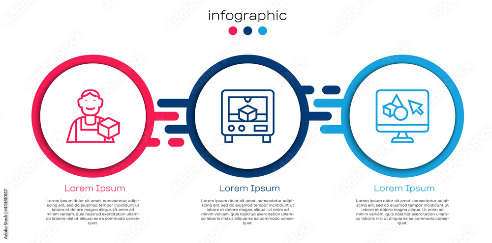 Set line平面设计师、3D打印机和软件。商业信息图模板。Vector