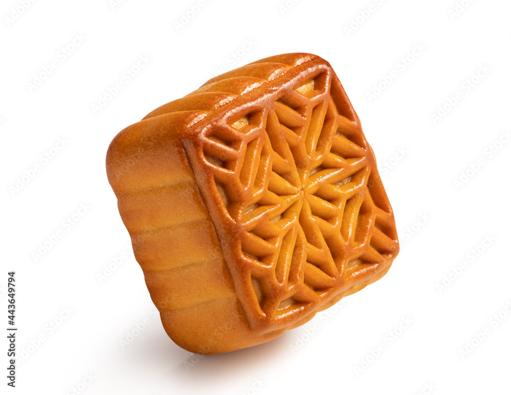 Delicious moon cake for Mid-Autumn Festival food isolated on white table background.