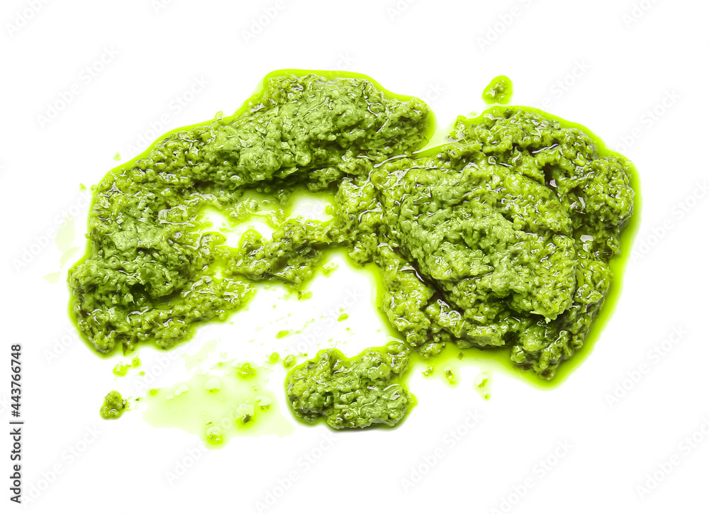 Smear of tasty pesto sauce on white background