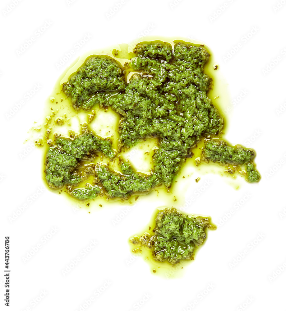 Smear of tasty pesto sauce on white background