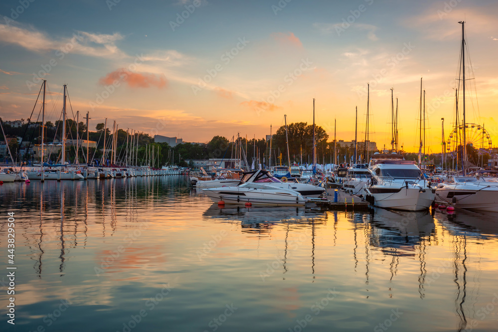 Yacht marina in Gdynia at sunset, Poland