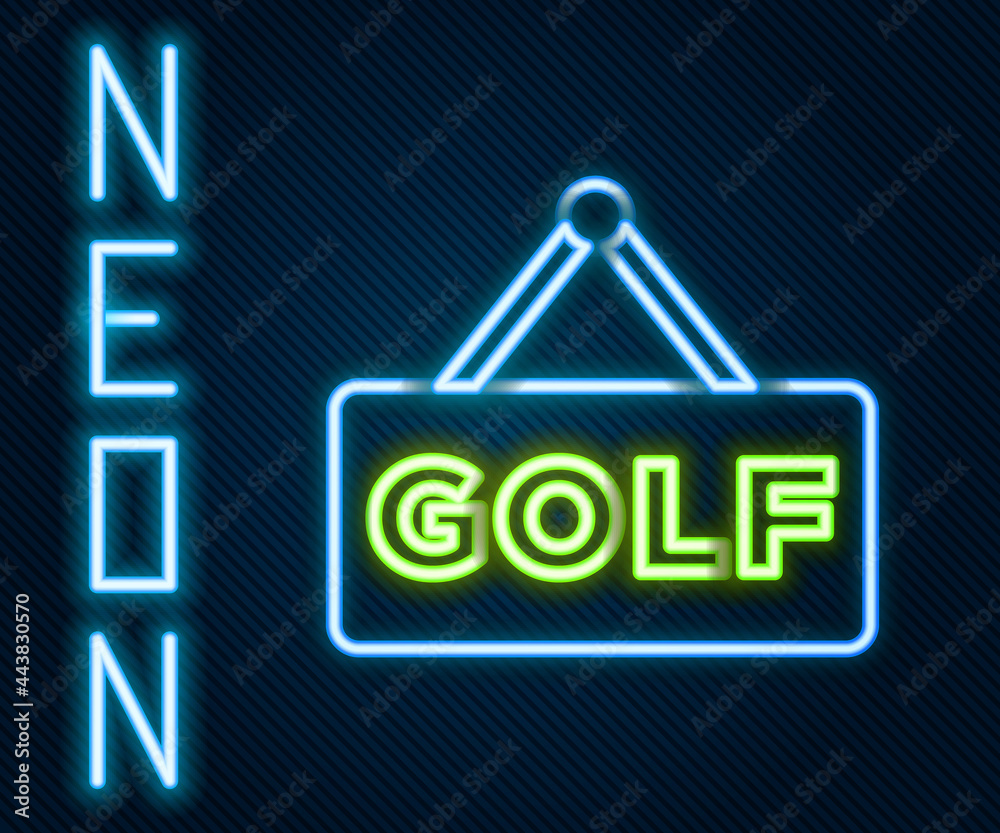 Glowing neon line Golf label icon isolated on black background. Colorful outline concept. Vector